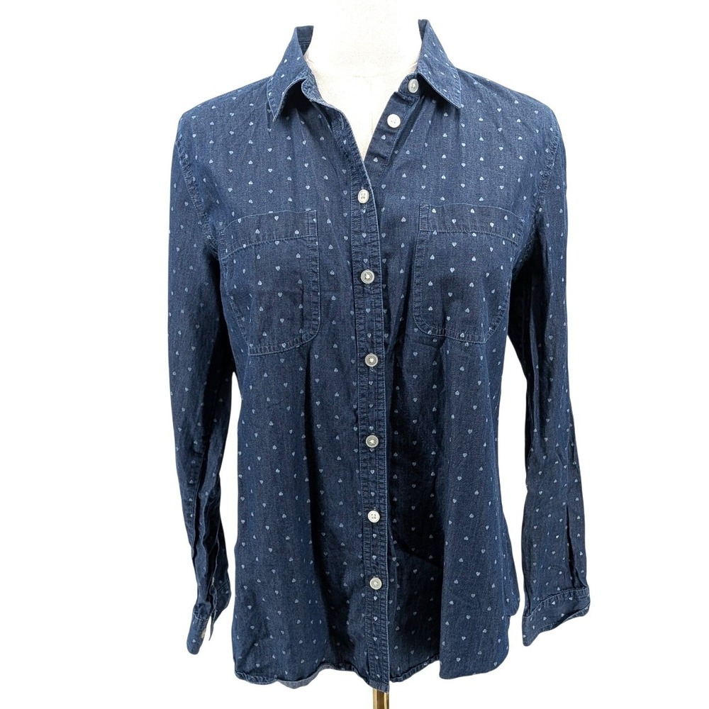 LOFT Softened Shirt Chambray Heart Print Button Front Cotton Top Size M